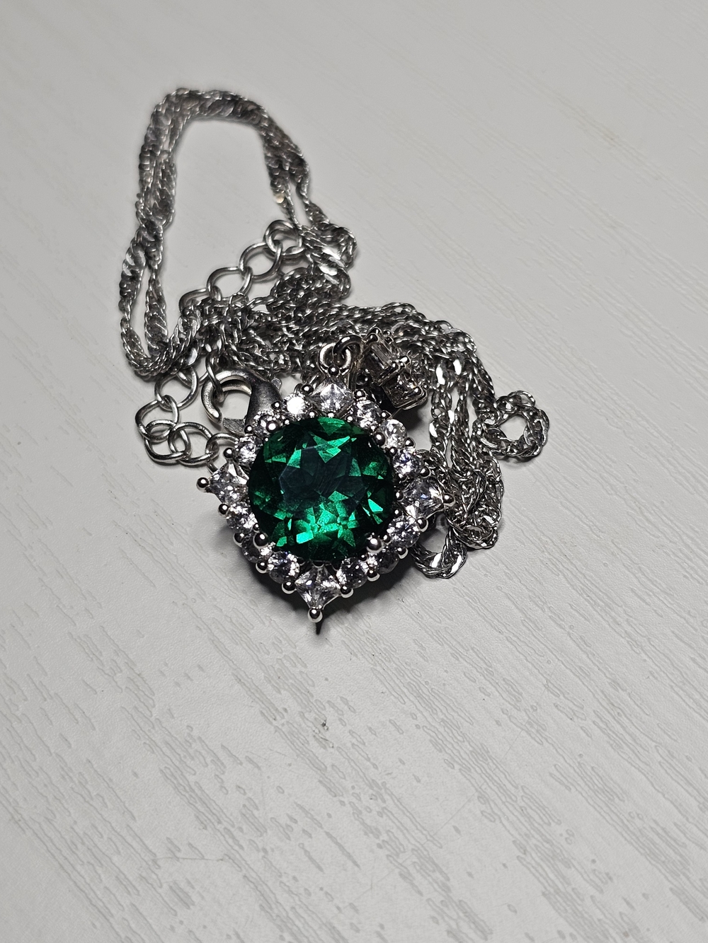 Simulated Emerald Simulated Diamond Halo Pendant